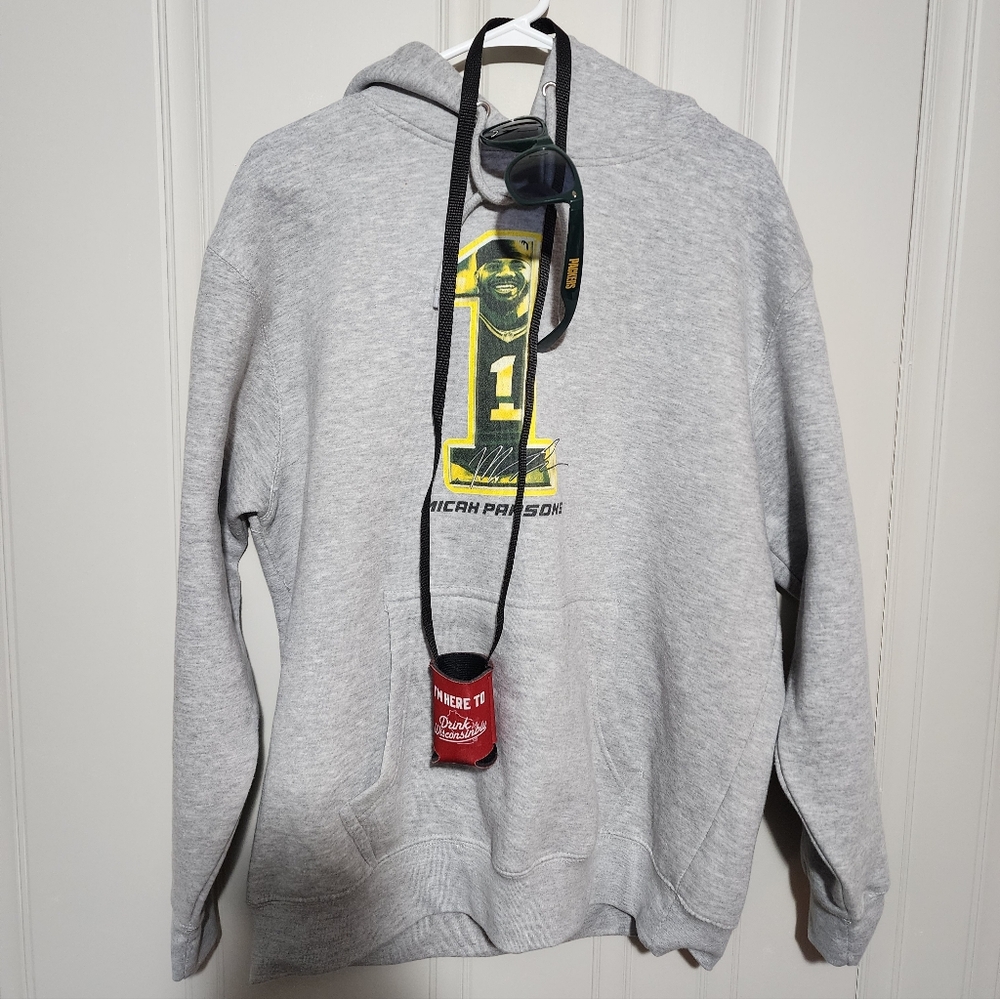 Micah Parsons Packer Hoodie Bundle w/ Drink Wisconsinbly Shot Necklace & Glasses